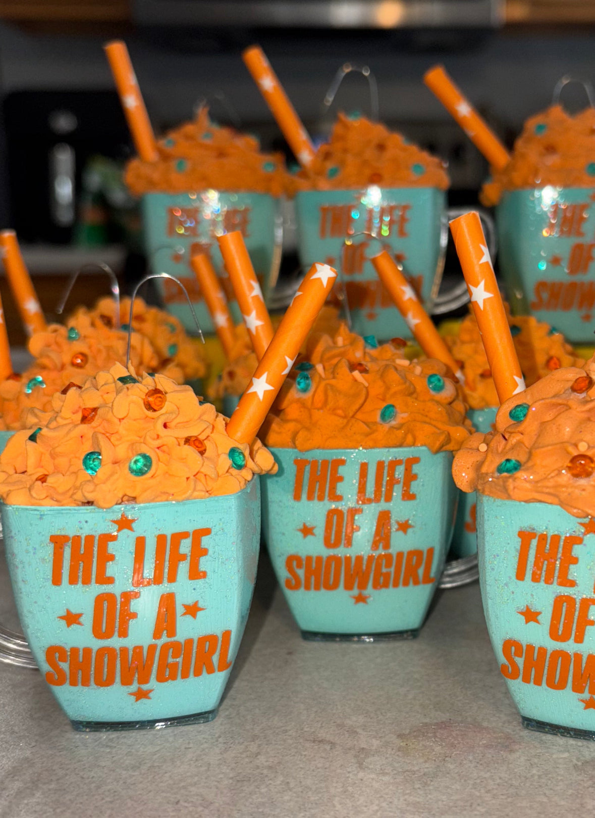 Glitter orange and teal ornaments